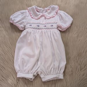 Vintage Allison Ann white baby romper with pink and purple embroidery size 18 M